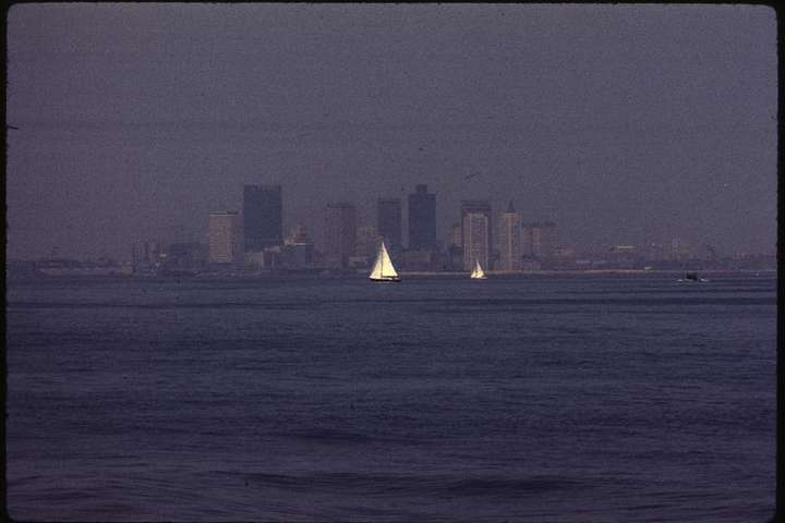 A city skyline in afternoon haze