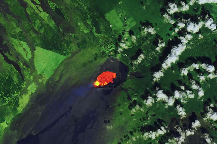 A volcanic vent erupting, seen from orbit